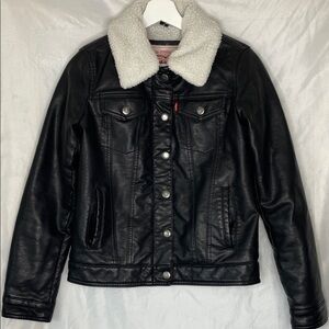 Levi's Women's Black Leather Jacket with White Sherpa Collar
